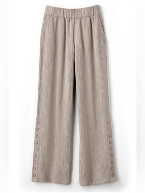 Soft Surroundings Oceo Wide Leg Pull On Pants Crinkle Gauze Button Detail Taupe